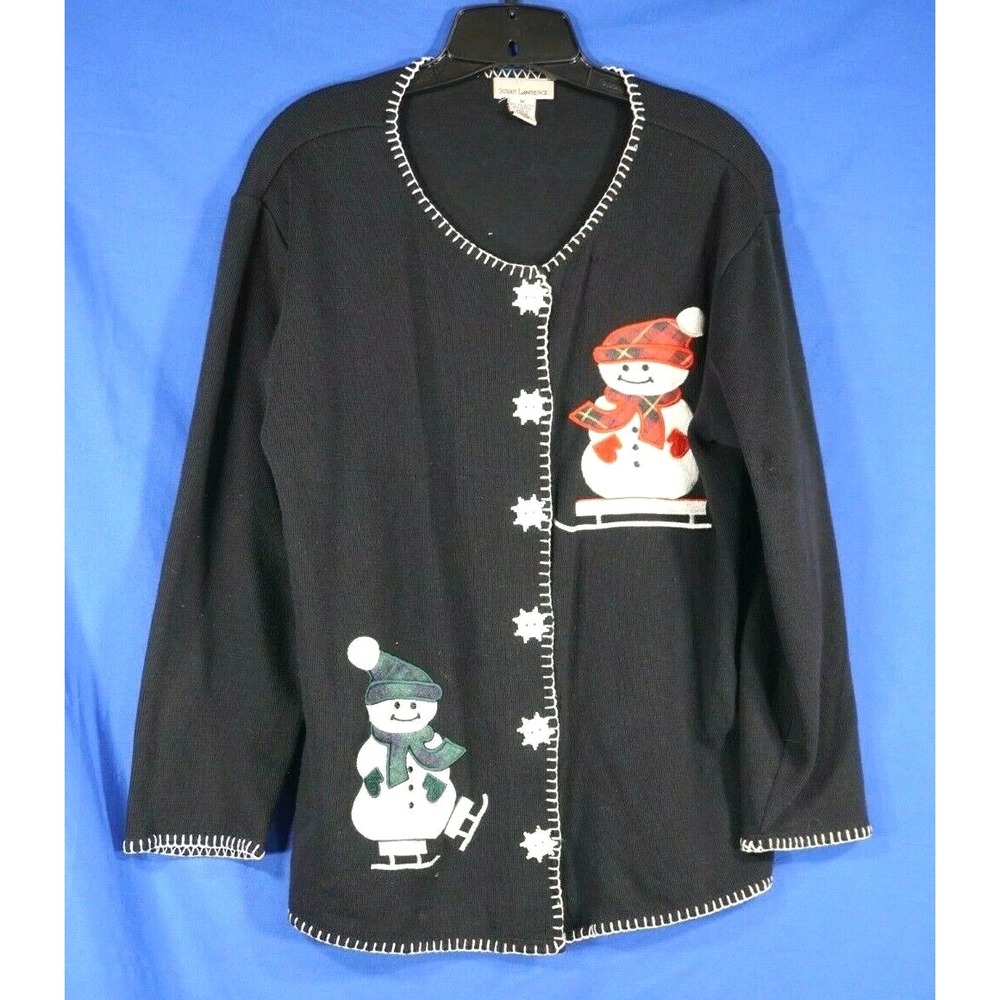 SUSAN LAWRENCE Sweater Cardigan BLACK Christmas SNOWMAN ON SKI & SKATES sz M